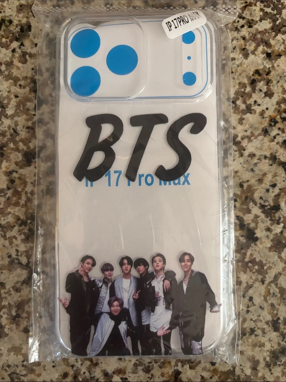 Clear Decorative Phone Case for iPhone 17 Pro Max — White & Blue BTS Design